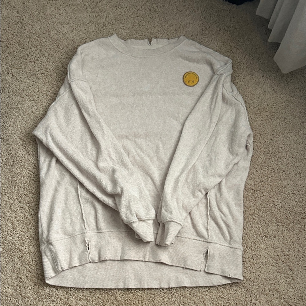 aerie Cream Crewneck Sweater with Yellow Smile Patch
